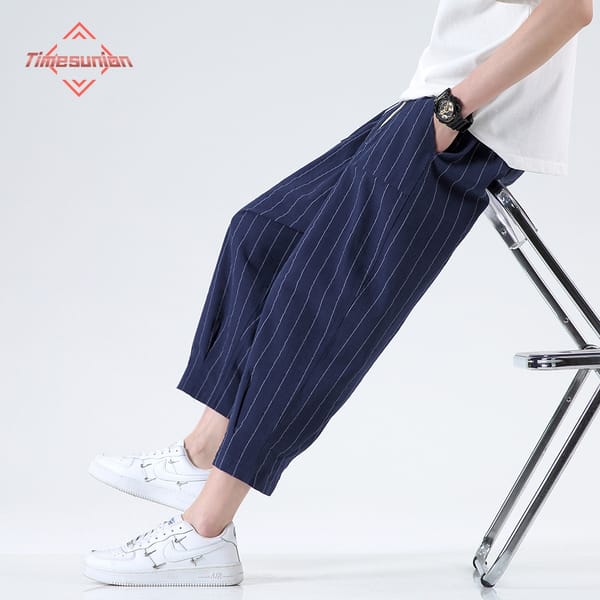 Chinese Style Men's Summer Pants Cotton Linen Stripe Pants for Men Comfortable and Breathable Ankle-Length Pants