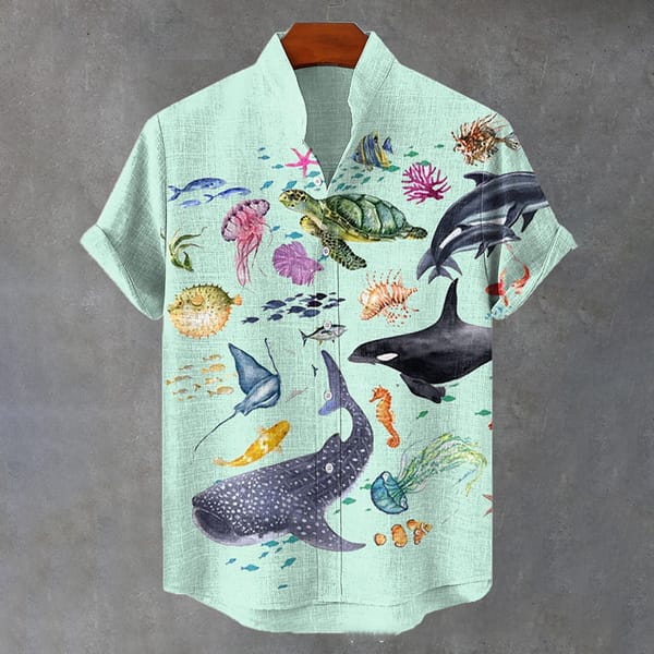 Underwater World 3D Printing Cross border E-commerce Men's Summer Stand up Shirt Hawaii Beach Party Leisure Chinese Style