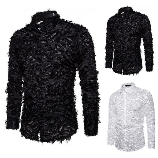 2 Colors!2024 Summer New Men's Shirt Handmade Three Dimensional Feather Fabric Featured Collar Long Sleeve Shirt