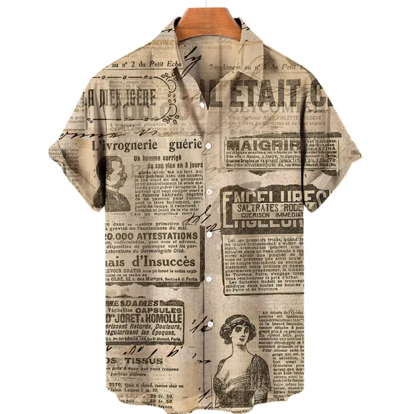 2024 Men's Vintage News Newspaper 3d Printed Lapel Hawaiian Shirt Casual Short Sleeve Men's Hip Hop Shirt