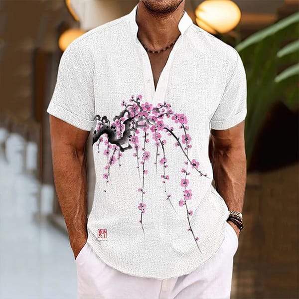 Elegant temperament plum blossom printed shirt for men's new casual short sleeved retro fashion trend oversized shirt