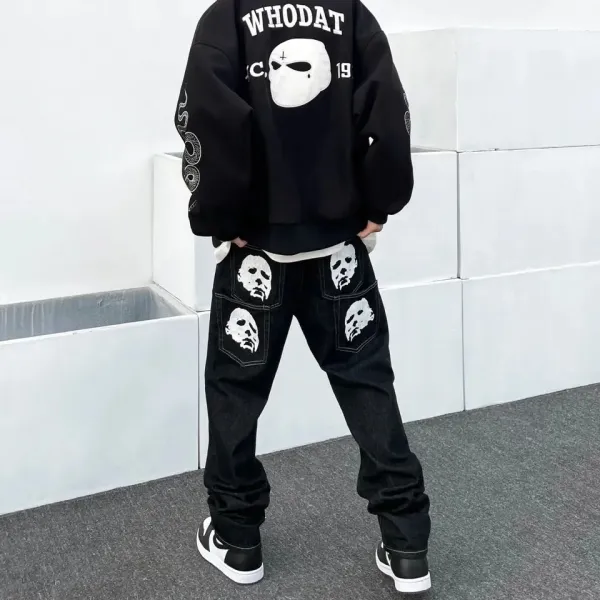 Y2K retro men's jeans European and American head print straight loose large size men's and women's jeans trend ins hot sale