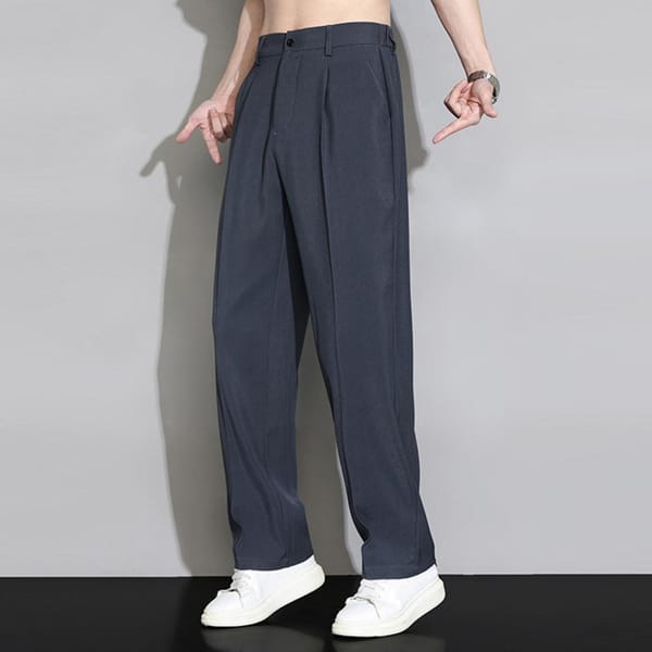 Elastic Waist Trousers Stylish Men's Ice Silk Wide Leg Business Trousers with Elastic Waist Buttons Fly Pockets Draped Thin