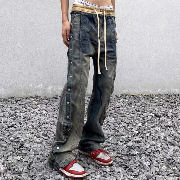 2022 Spring New Button Pants High Street Fashion Men's American Street Style Jeans Loose Straight Floor Mopping Casual Pants