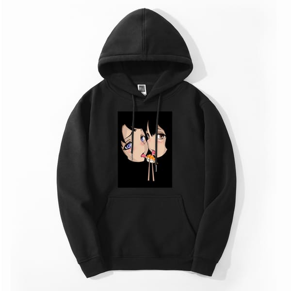 Japan Anime Girl Eat Sushi Harajuku 2024 Winter Men's Oversized Loose Hoodie Sweatshirt Harajuku Cool Pullovers Loose Sweatshirt