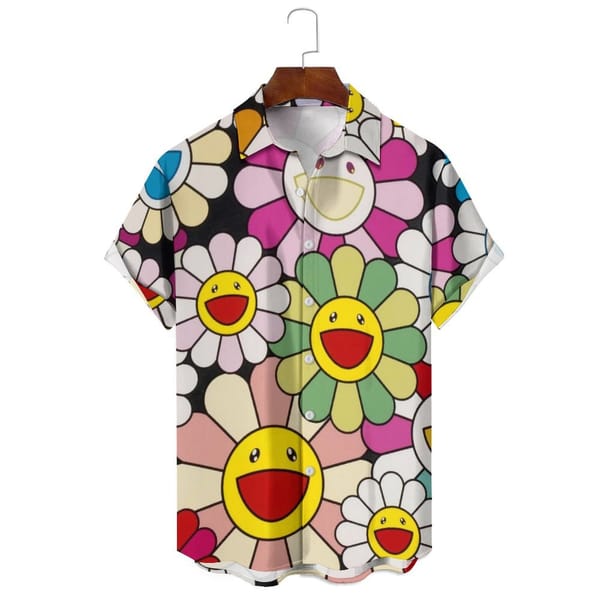 Loose Casual Men's/Women's Fashion Big Size Summer Cartoon Mouth Flower Print Multi-Style Daily Lapel Short-Sleeved Shirt