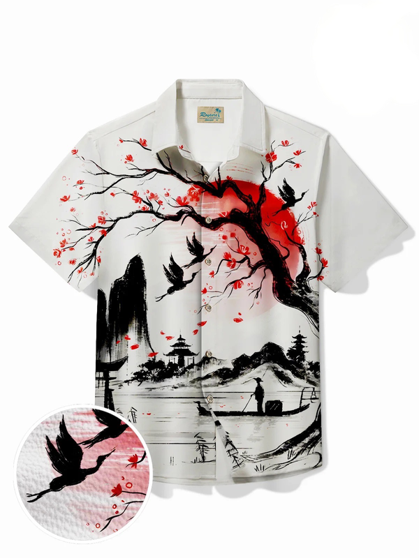Japanese retro men's shirts, casual and comfortable men's Hawaiian shirts, 10-color plum blossom short-sleeved shirts, oversized