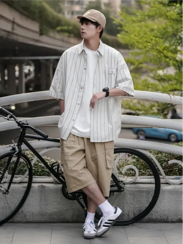 Summer Men's Retro Short Sleeve Striped Shirt Top Fashion Loose Fitting Versatile Handsome Casual Half Sleeve Shirt Jacket