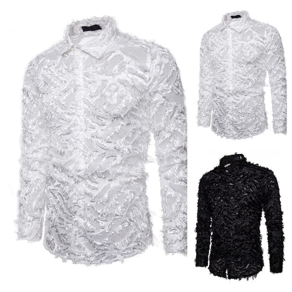 Men's Shirt Hand-crafted Three-dimensional Feather Fabric Features Lapel Long Sleeve T-shirt