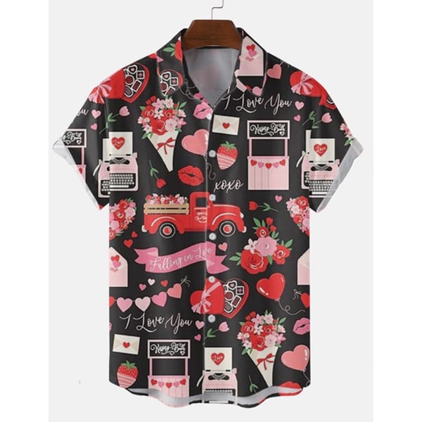 Heart Casual Men's Shirts Button Up Shirts Casual Shirt Daily Wear Vacation Lapel Short Sleeves Polyester Shirt Valentine's Day