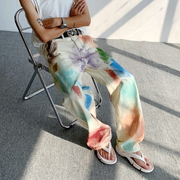 Color-blocking jeans men's hand-painted paint design trousers American style loose straight casual high-street trousers hot sale