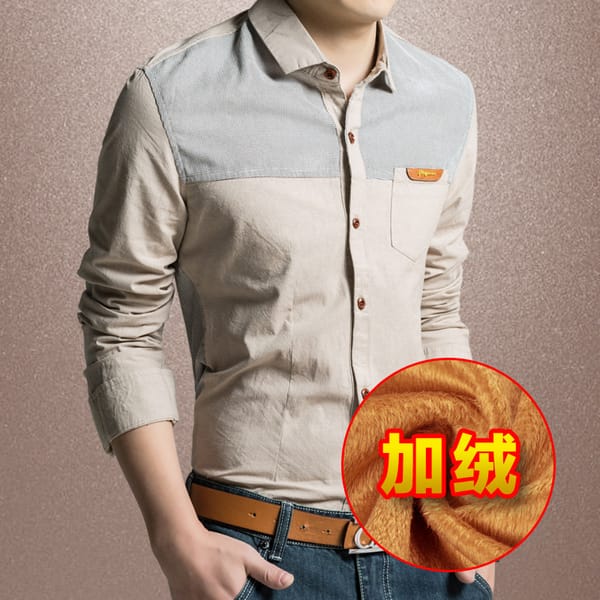 Winter New Men's Warm Shirt Fashion Long Sleeve Business Color Matching Slim Fit Plus Fleece Thickened Men's Clothing