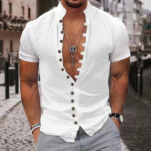 Summer fashion European and American style casual men's retro cotton and linen button-up collar short-sleeved shirt top