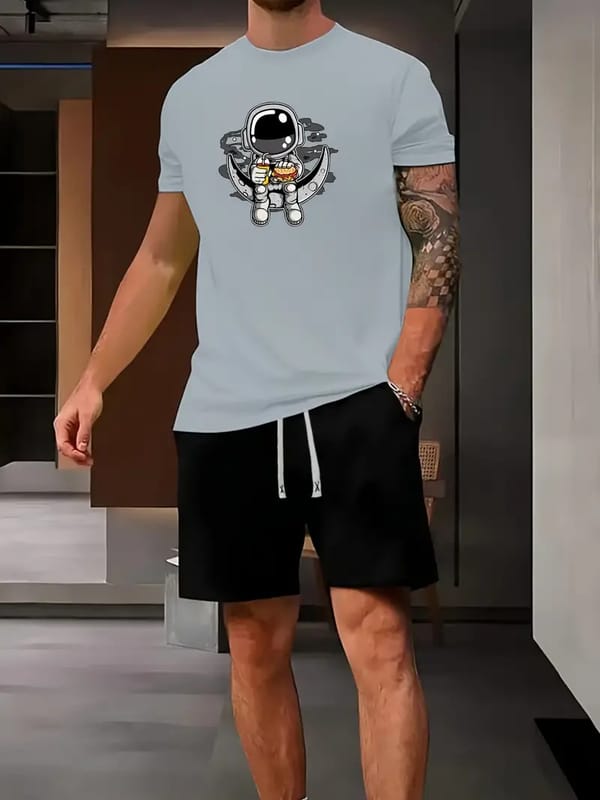 Men's Summer Daily Casual Short Sleeve Shorts Set Astronaut Street Print T Shirt Shorts Set Home Pajama Set Plus Size Set