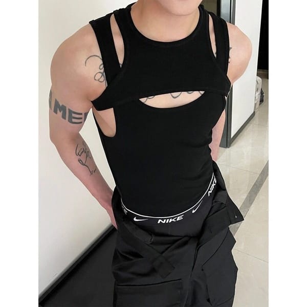 American Style New Tops Sexy Hollow Fake Two Pieces Men's Clothing Summer Hollow Out Fashion Slim Bodybuilding Tank Tops