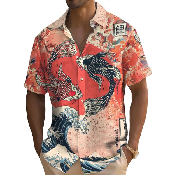 Japanese Men's Shirt Ukiyo-E Pattern Shirt Summer Casual Short Sleeved Tops T-Shirt 3d Fish Print Tees Oversized Men's Clothing
