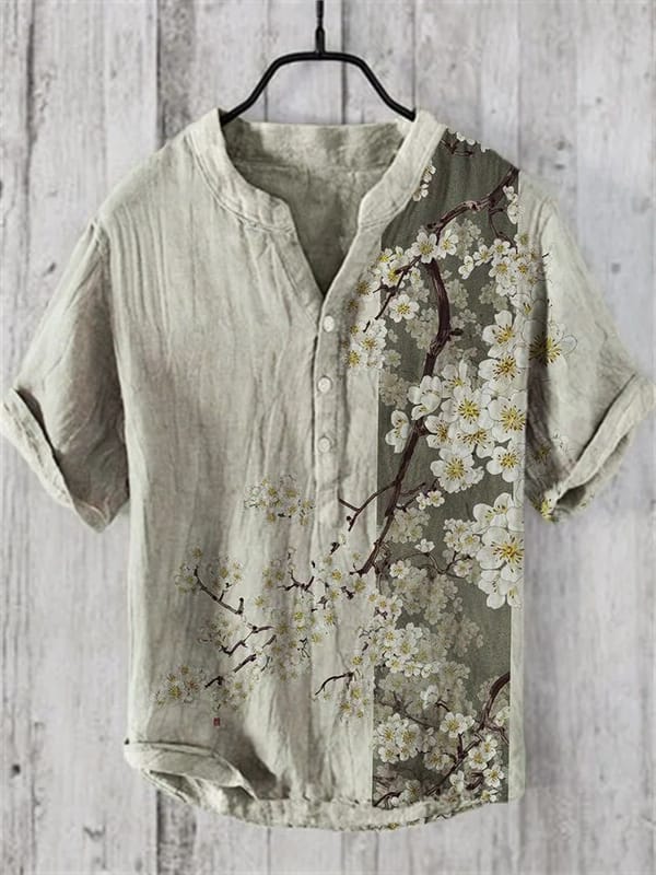 Forest style retro floral short sleeved shirt for men's 2024 summer new high-end casual oversized college style linen V-neck top