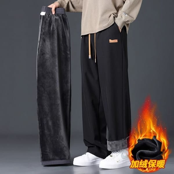 2024 Spring and Autumn New Fashion Solid Color Plus Fleece Thick Wide Leg Pants Men's Casual Loose Comfortable Warm Pants M-4XL
