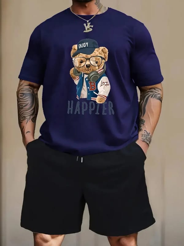 Mens Street Short Sleeve Shorts Suit Trendy Bear Printed Loose Plus Size Mens Casual Men's Suit Quick Dry Plus Size Men's Suit