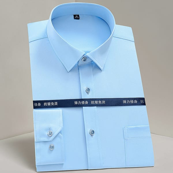 Men's Slim Fit Long Sleeve Formal Shirt with Pocket - Slight Stretch, Single Breasted, Hand Washable, Ideal for Mature Occasions