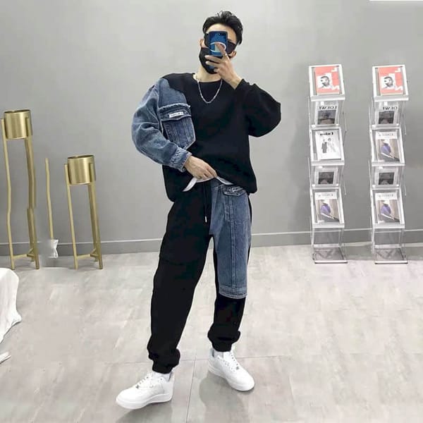 2021 autumn and winter new fashion brand Korean round neck sweater men's two-piece denim stitching loose top long sleeves pocket