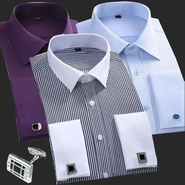 New M~6XL Cotton Men's French Cuffs Business Long Sleeve Shirt Stripes Comfortable Standard Elegant Formal Shirts Cufflink Top