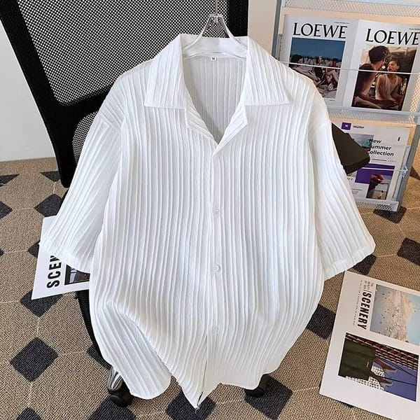 Men's 2024 Summer New Spliced Polo Collar Button Screw Thread Fashion Solid Colo Loose and Versatile Casual Short Sleeves Shirts