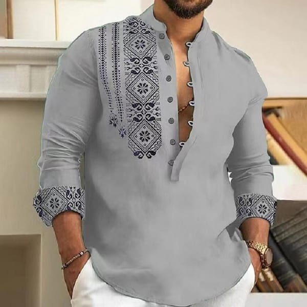 Fall Men Shirt Regular Fit Men Shirt Ethnic Style Men's Office Top Vintage Print Slim Fit Stand Collar Soft Breathable for Fall
