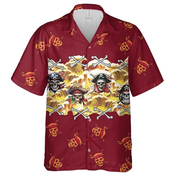Men's Hawaiian Skeleton Pirate Captain Storm Sailing Cartoon Skull Print Shirt Short Sleeve Shirt Summer Loose Beach Shirts Tops