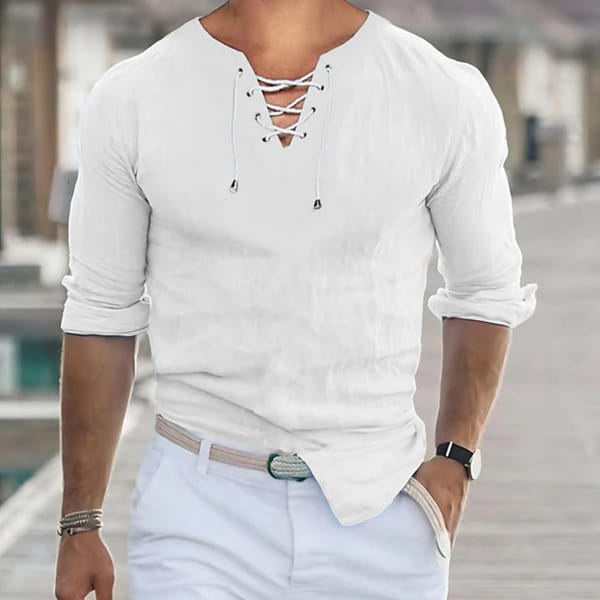 V-neck Men Shirt Retro Lace-up V Neck Men's Shirt with Slim Fit Soft Breathable Fabric Stylish Spring Fall Casual Top for Daily