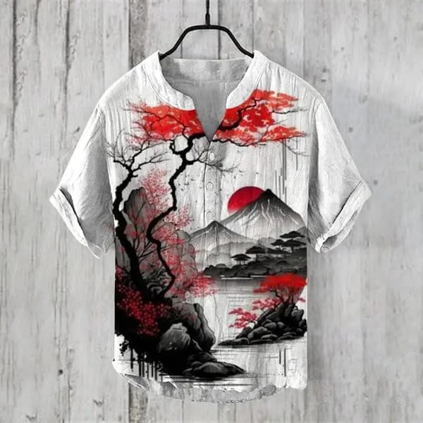 Thick ink landscape printed men's V-neck shirt short sleeved linen shirt casual party personalized top direct sales