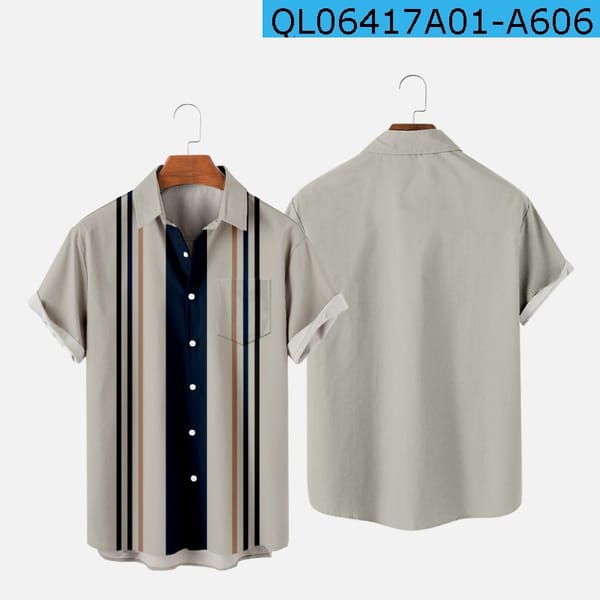 New Men's Retro Shirts Casual Stripe Print Short Sleeve Button Up Pocket Shirts Streetwear