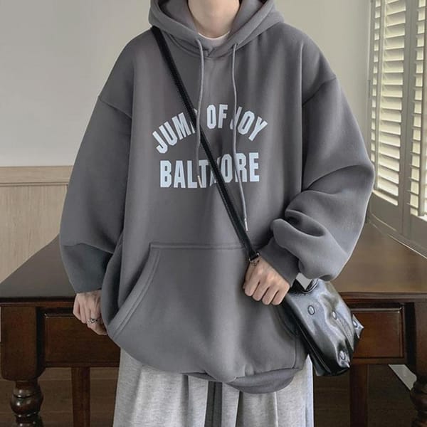 Men Hooded Top Men's Retro Letter Print Hoodie with Big Patch Pocket Elastic Cuff Drawstring Thick Warm Pullover for Fall Winter