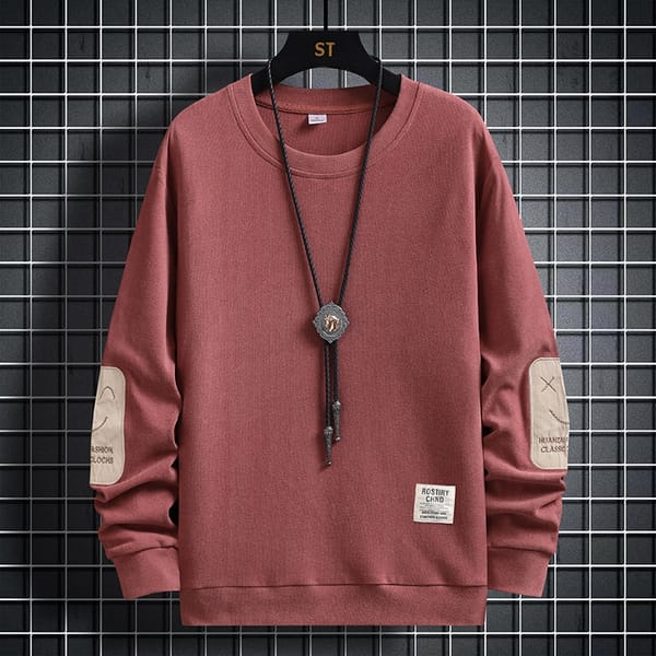 Autumn Winter Men's Patchwork Printed Smiling Face Trendy Fashion Round Neck Hoodie Solid Color Long Sleeve Pullover Bottom Tops