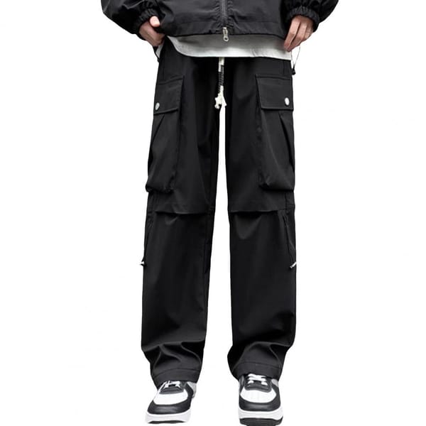 Men Drawstring Waist Pants Men Casual Pants High Street Style Men's Cargo Pants with Wide Leg Multi Pockets Solid for Daily