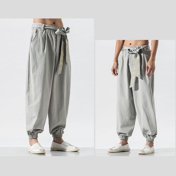 Elastic Waistband Pants Men's Retro Chinese Style Harem Pants with Embroidery Detail Elastic Waist Loose Fit Ankle-banded for A