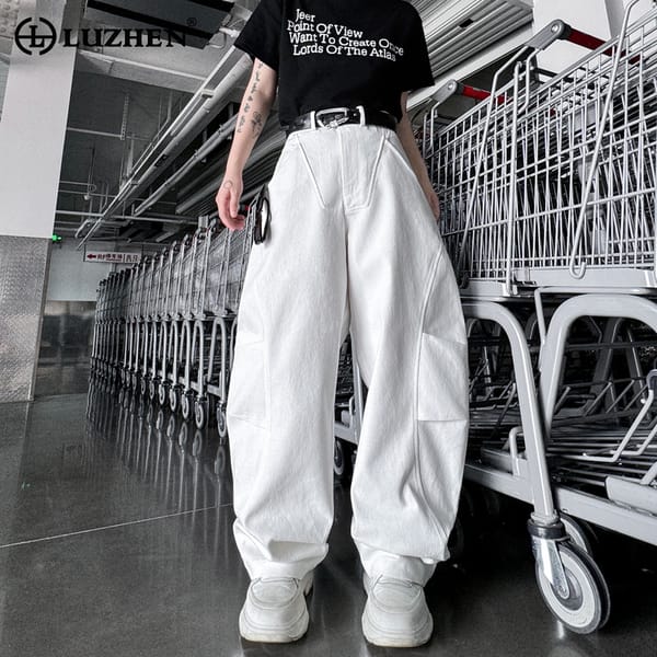 LUZHEN American Pleated Plain Fashion Loose Wide Leg Denim Pants Stylish New Streetwear High Quality Men's Straight Jeans LZ4633