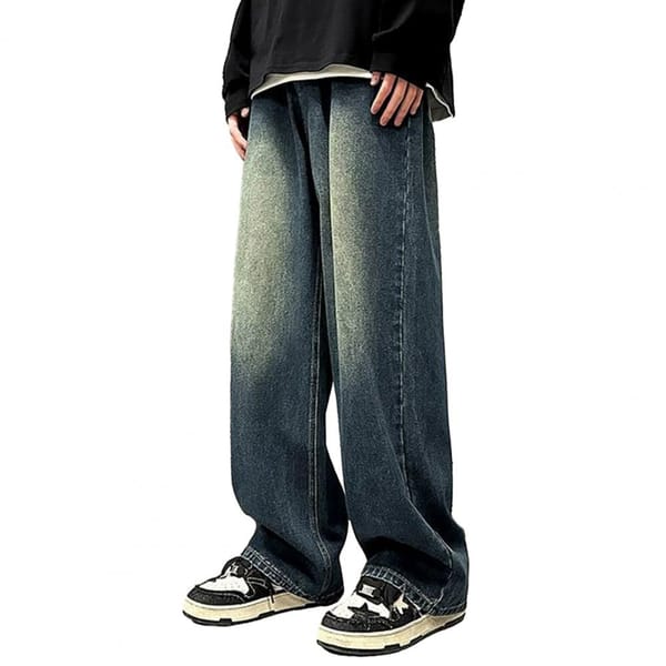 Men Retro Washed Blue Jeans Retro Hip Hop Men's Denim Trousers Gradient Contrast Wide Leg Loose Fit with Pockets Button-zip