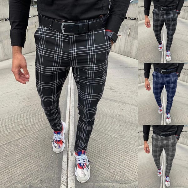 Summer Men's Casual Pants Plaid  Social Stretch Trousers Mid Waist Skinny Business Office Working  Party Male Suit Pants  Autumn