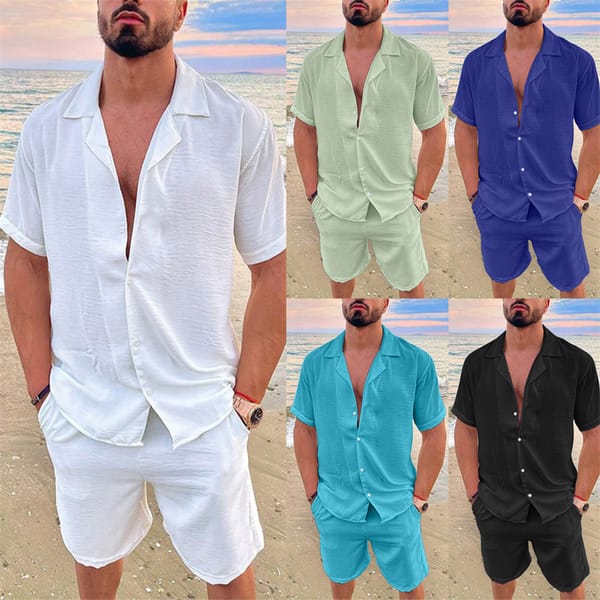 New 2024 Men's Summer 2 Piece Set Solid Short Sleeve Lapel Shirts and Shorts Man Hawaiian Beach Holiday Clothing Sports Suit