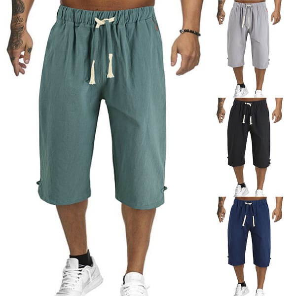 Men'S Capri Pants Summer Causal Loose Solid  Color Cotton Linen Capri Pants Drawstring Elastic Waist Straight Beach Capri Pants