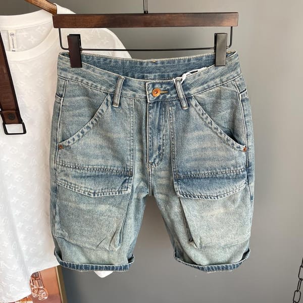 2024 New Men's Loose Straight Denim Knee Length Shorts with Multiple Pockets for Casual Summer Cowboy Washed Vintage Short Pants