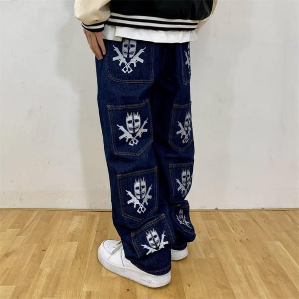 Skeleton Men's Pants Free Shipping Embroidered Loose Jeans Trousers Y2k Pants Baggy Cargo Wide Straight Casual Clothing