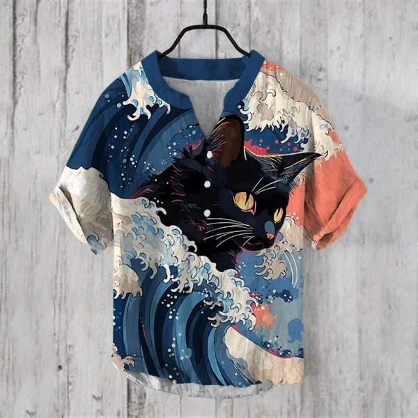 2024 Fashion Trend Button Shirt Men's Summer v-neck henley shirt 3D Printed Men's Short Sleeve Top