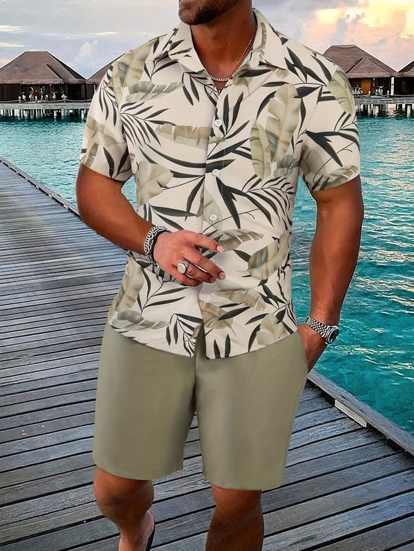 Men's Summer Casual Beach Shirt Set Short Sleeve Hawaiian Style Printed Shirt Shorts Drawstring Design Fashion Men's Clothing