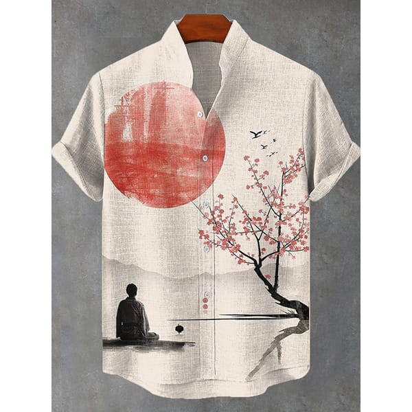 Men's Zen Lotus Ink Painting Calligraphy Art Printed Casual Shirt Summer Hipster Button Down Shirts Retro Beach Hawaiian Shirt