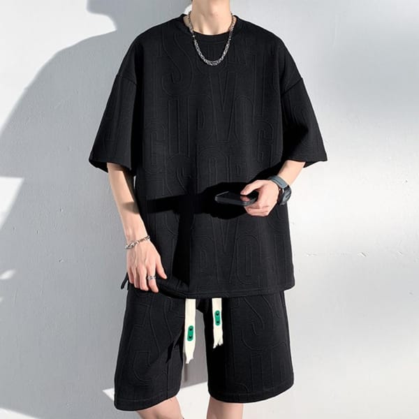 Men Sportswear Set Men's Sportswear Set With O-neck T-shirt Elastic Drawstring Waist Shorts Solid Color Letter Waffle For A