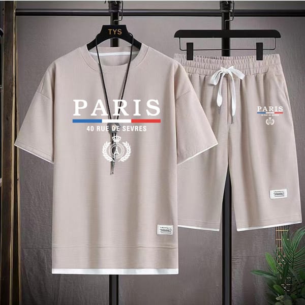Casual set of men's T-shirt and shorts, waffle, loose workout suit, men's sportswear, France, Paris, summer clothing, 2 pieces