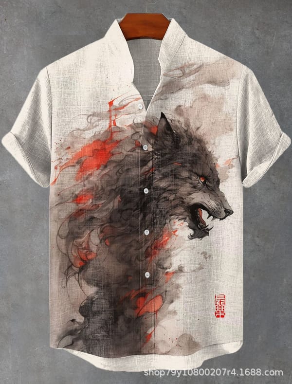 Men's Shirts Fashionable Casual Beach Vacation Shirts Wolf Shirt Men's Short Sleeve Button Up Cardigan