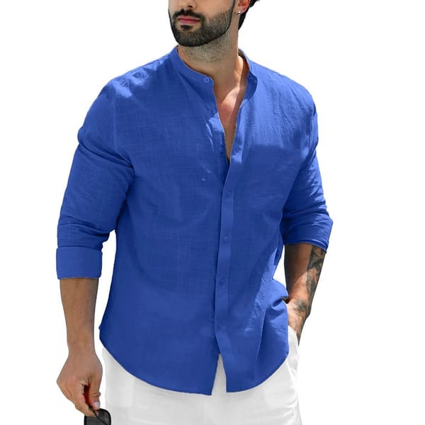 Men's Long Sleeve Linen Solid Color Shirt Button-up Shirts Trend Loose Stand Collar Casual Cotton Tops Hawaiian Shirt